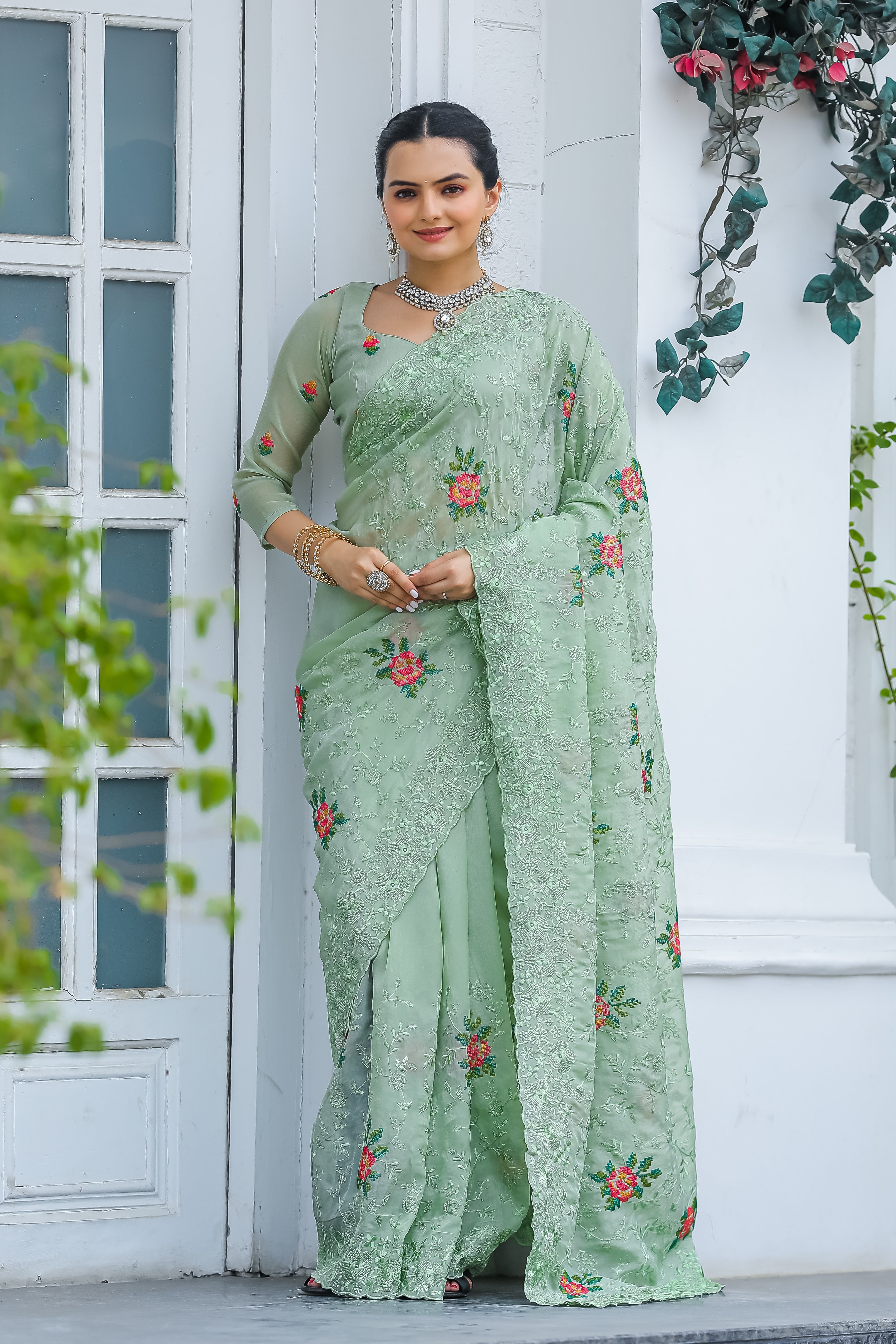 Ornate Green Color Chiffon Saree with Zari & Embroidery Work