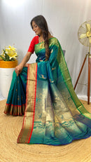 Ethereal Rama Green Color Soft Silk Saree with Deer Motifs