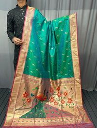 Ornate Rama Green Color Paithani Silk Saree with Rich Peacock Design on Pallu