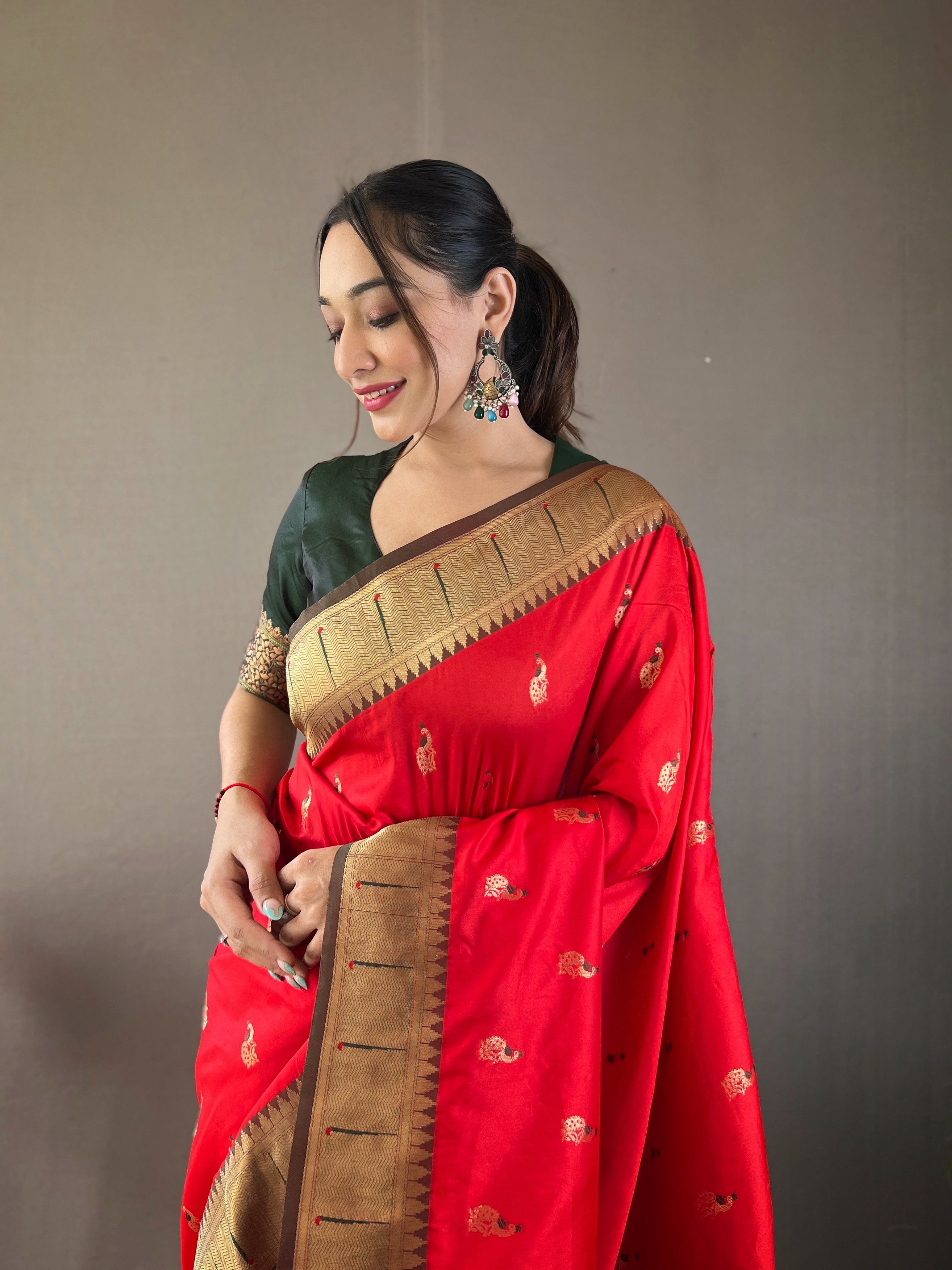 Vibrant Red Color Paithani Silk Saree with Rich Peacock Design on Pallu