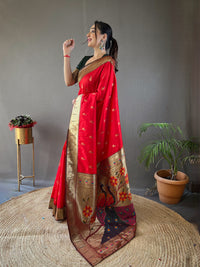 Vibrant Red Color Paithani Silk Saree with Rich Peacock Design on Pallu