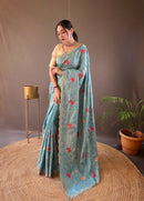 Vivacious Sky Blue Color Tussar Silk Saree with Floral Embroidery Work