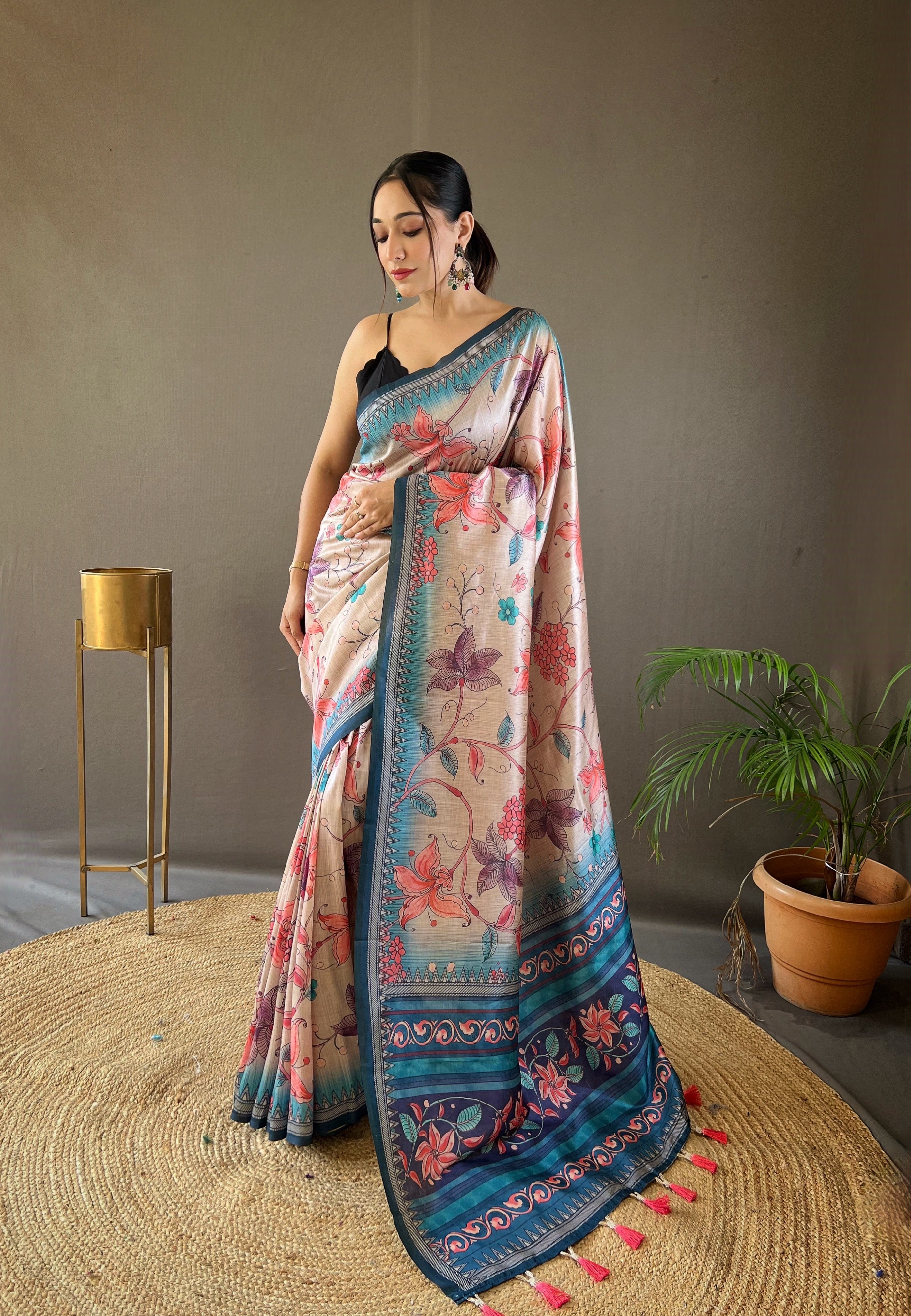 Mystical Multi Color Semi Silk Saree with Digital Printed Kalamkari Designs