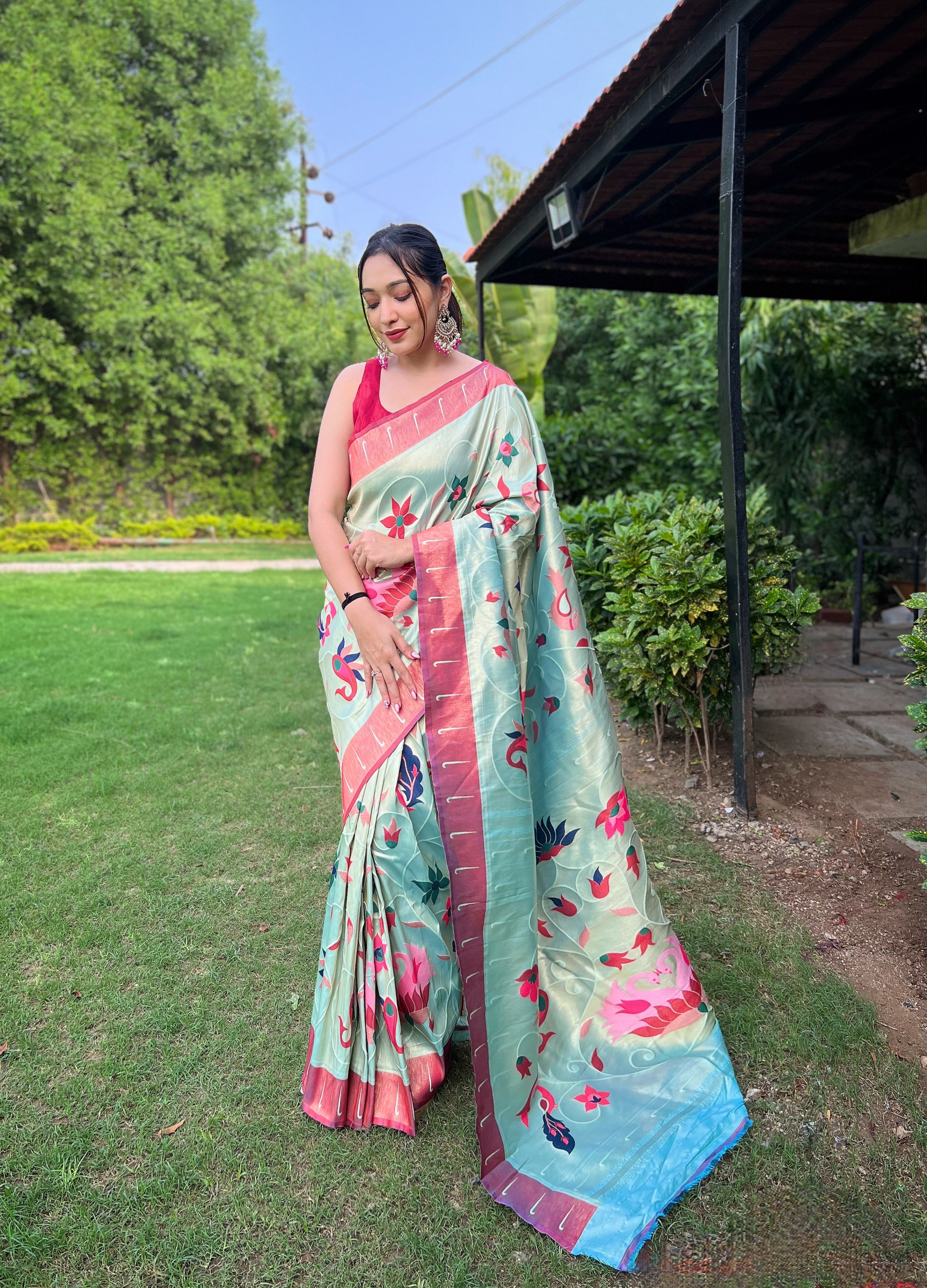 Enigmatic Sky Color Paithani Silk Saree