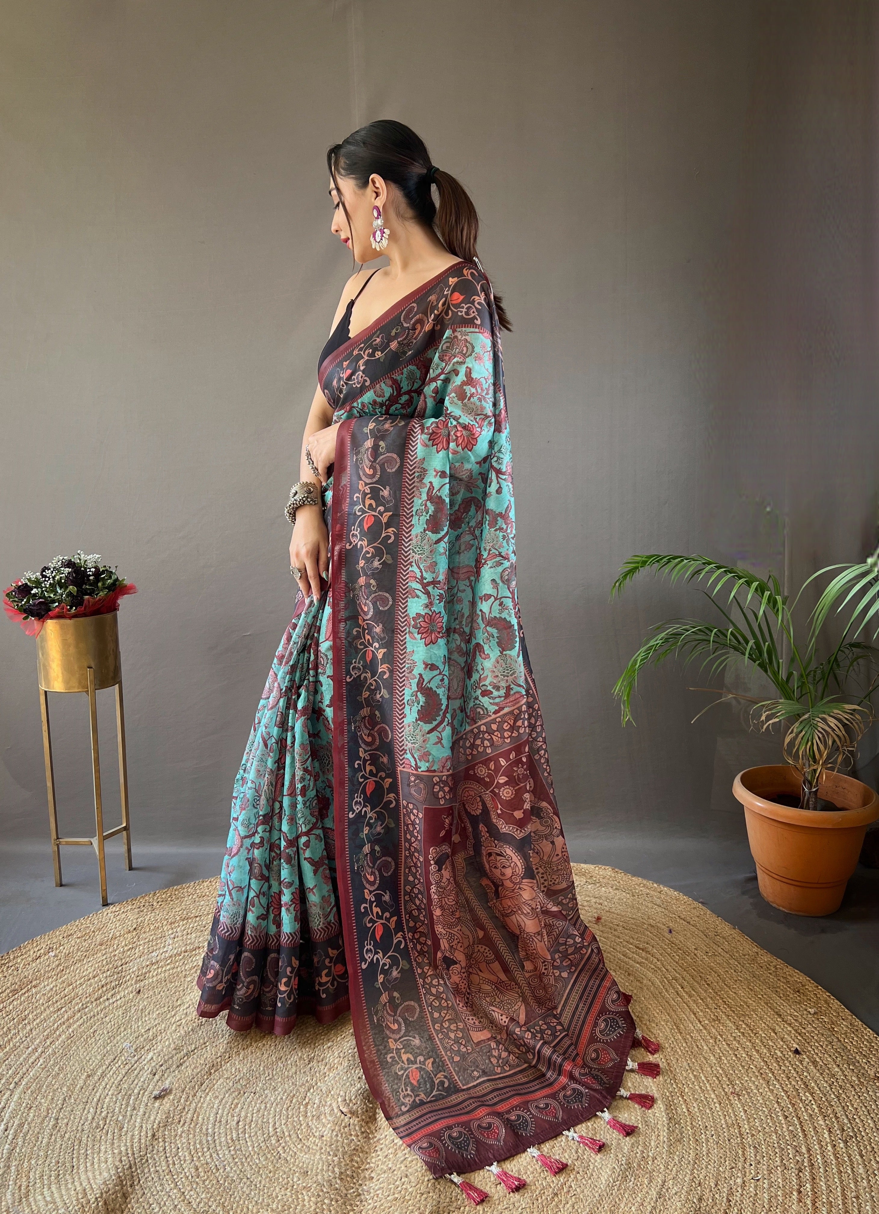 Elegant Sky Blue Color Digital Printed Cotton Saree