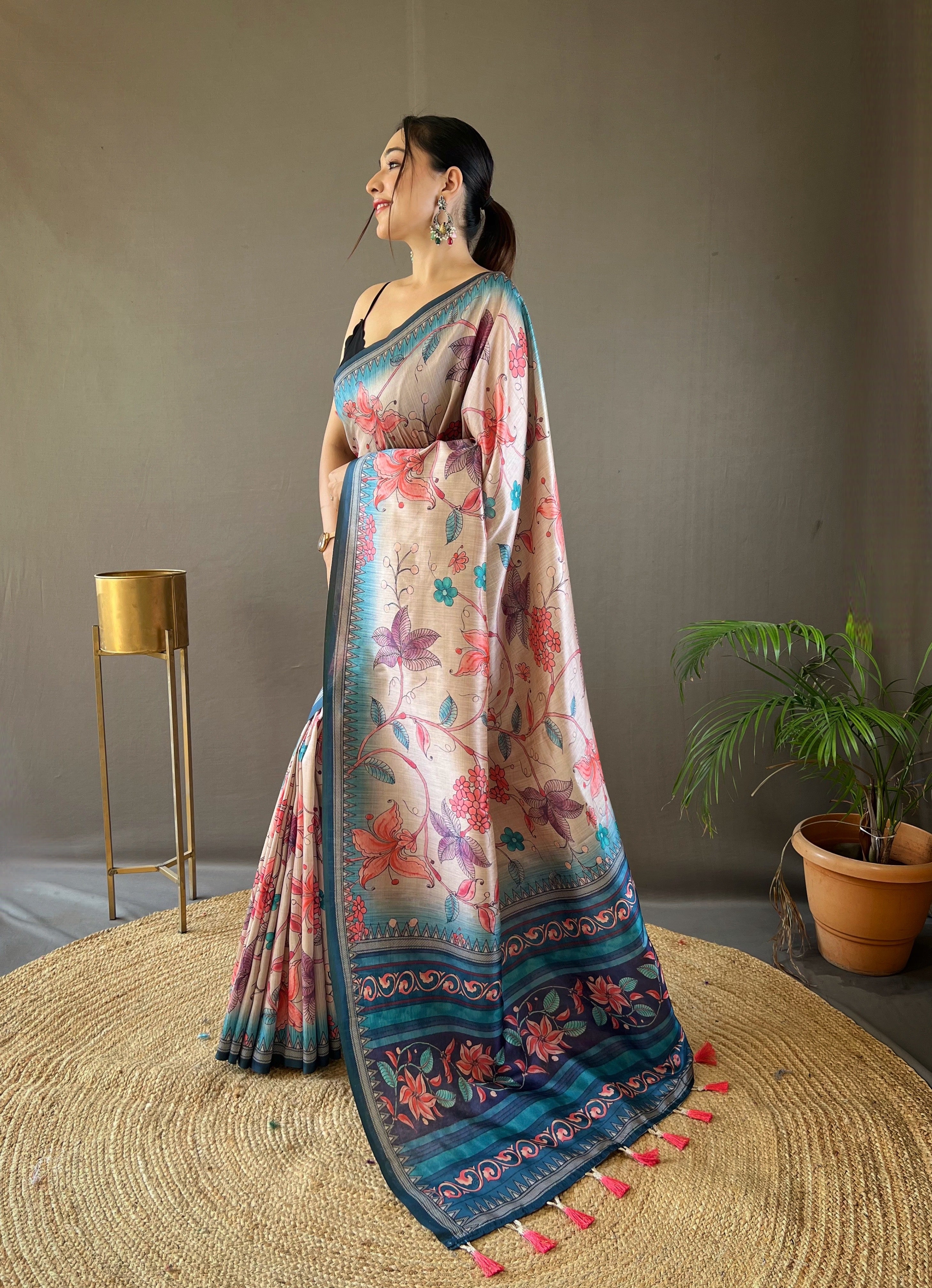 Mystical Multi Color Semi Silk Saree with Digital Printed Kalamkari Designs