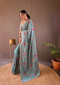 Vivacious Sky Blue Color Tussar Silk Saree with Floral Embroidery Work