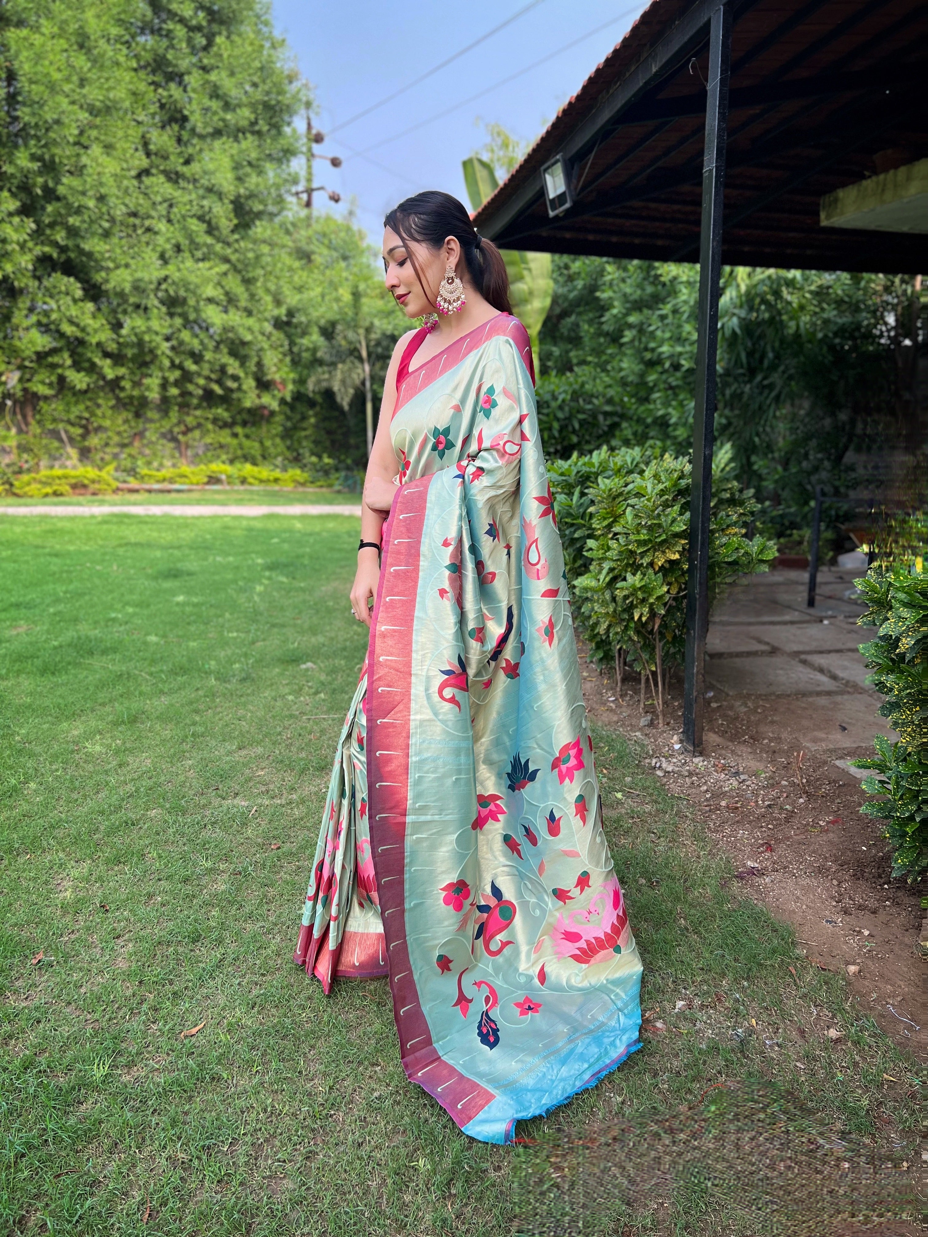 Enigmatic Sky Color Paithani Silk Saree