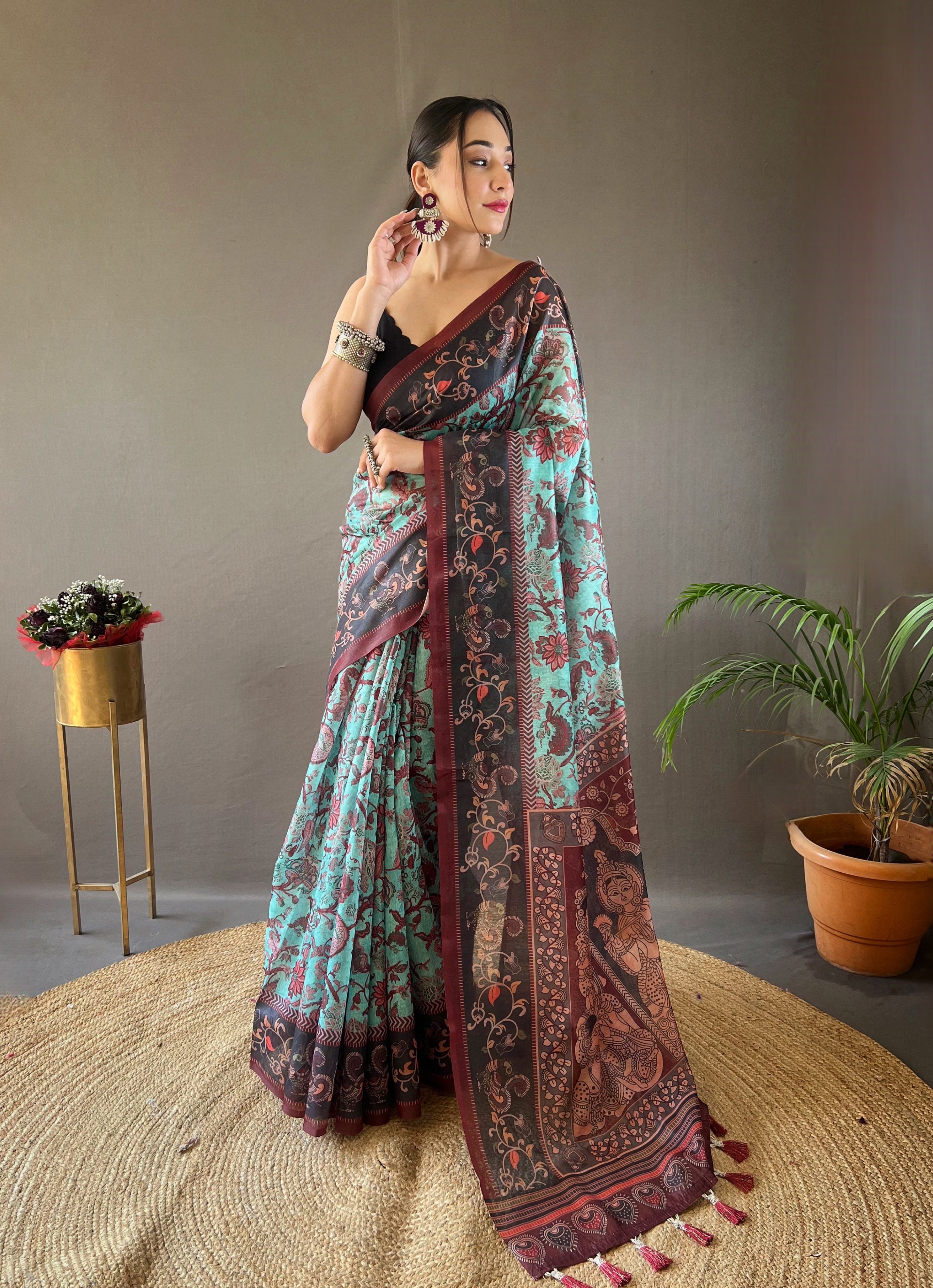 Elegant Sky Blue Color Digital Printed Cotton Saree