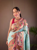 Euphoric Sky Color Silk Saree with Paithani & Patola Blend