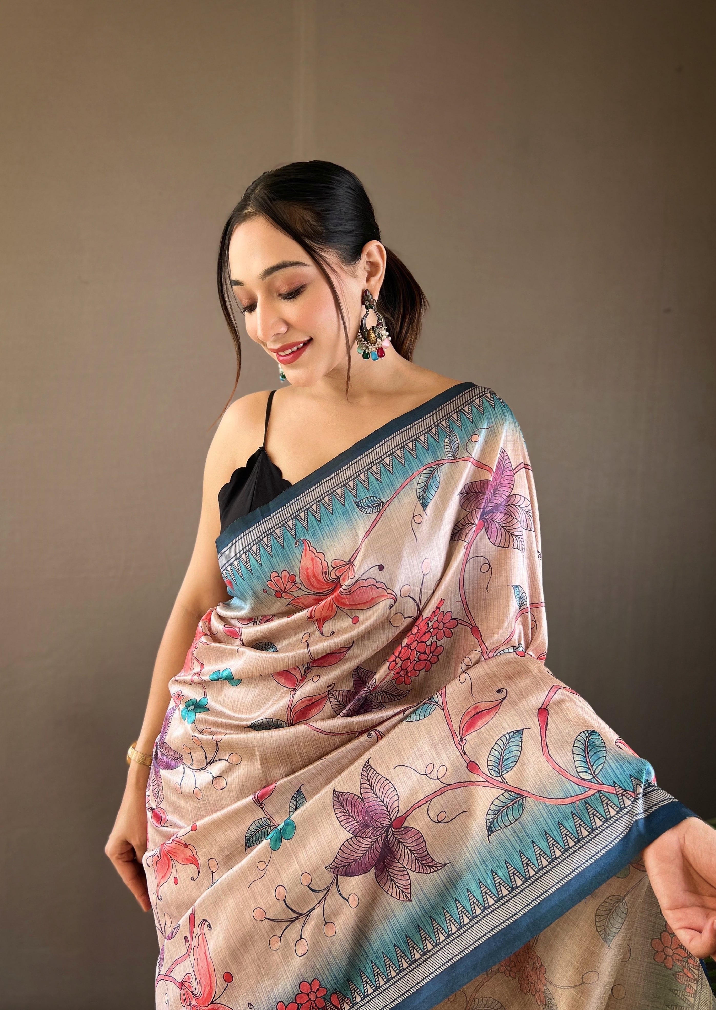 Mystical Multi Color Semi Silk Saree with Digital Printed Kalamkari Designs