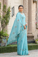 Euphoric Sky Blue Color Tussar Cotton Saree