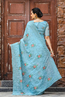 Vibrant Sky Blue Color Chiffon Saree with Zari & Embroidery Work