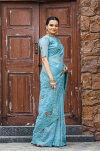 Vibrant Sky Blue Color Chiffon Saree with Zari & Embroidery Work