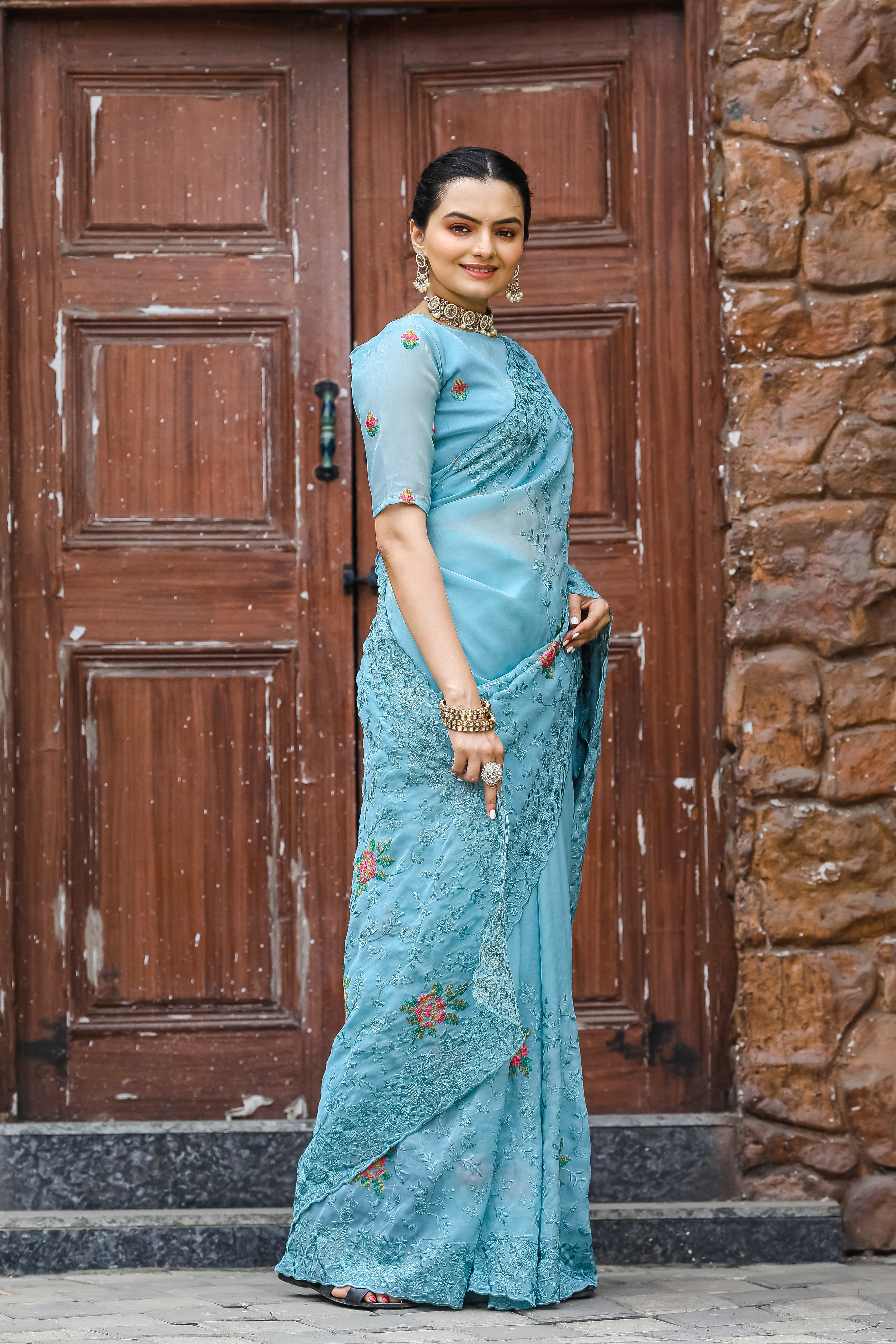 Vibrant Sky Blue Color Chiffon Saree with Zari & Embroidery Work