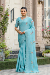 Euphoric Sky Blue Color Tussar Cotton Saree