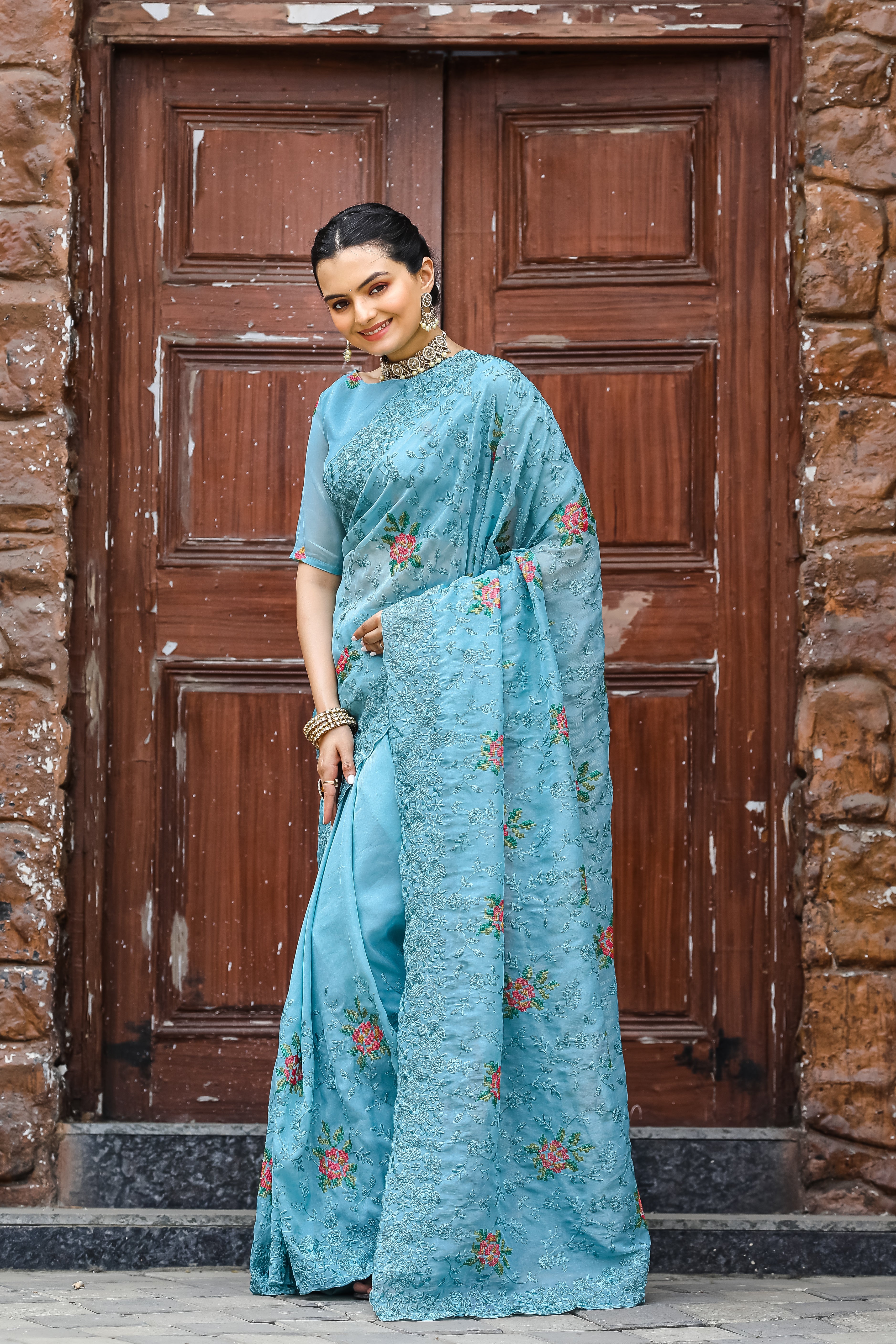 Vibrant Sky Blue Color Chiffon Saree with Zari & Embroidery Work