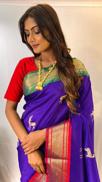 Enigmatic Violet Color Soft Silk Saree with Deer Motifs