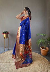 Winsome Royal Blue Color Paithani Silk Saree with Rich Peacock Design on Pallu