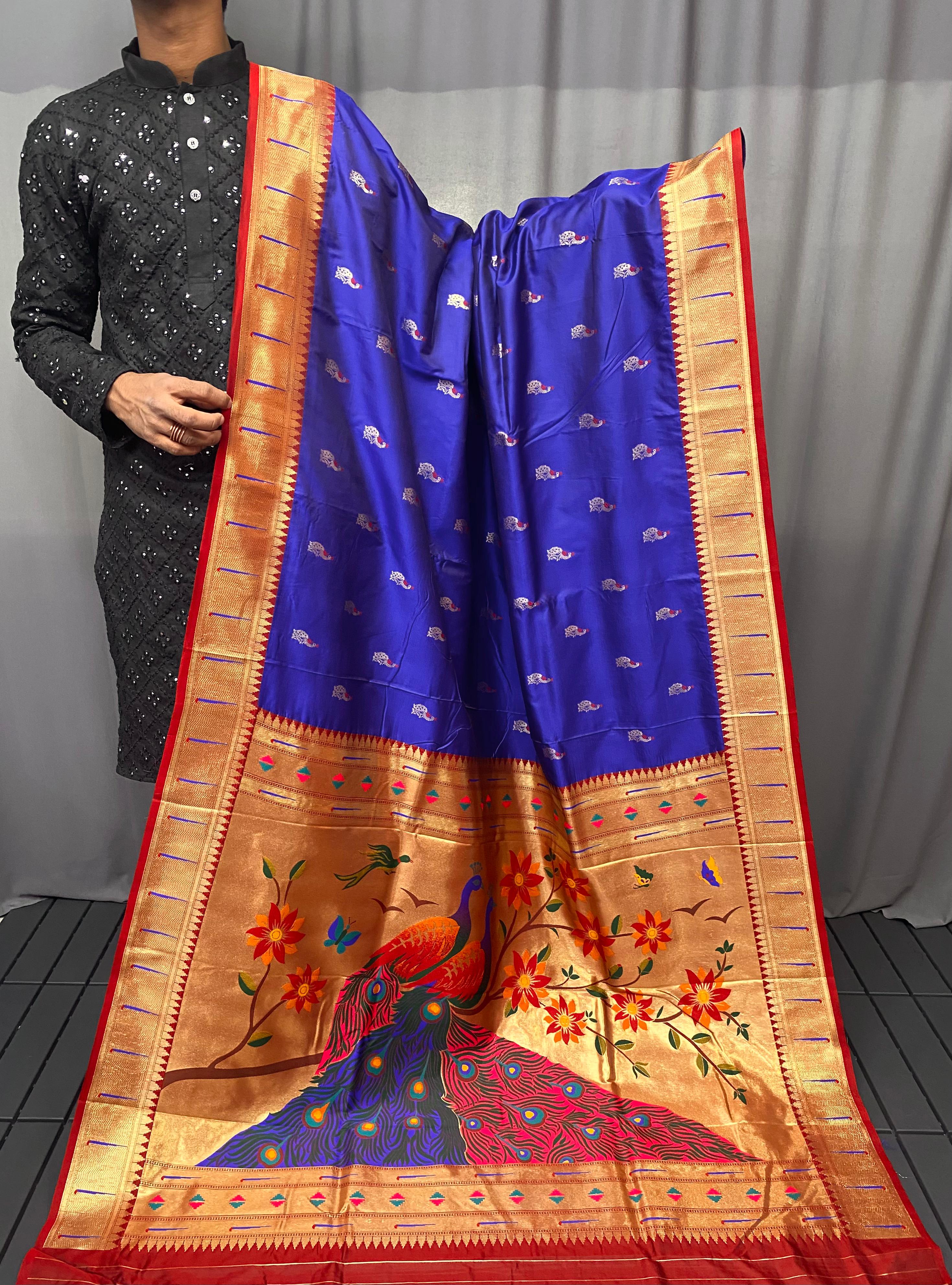 Winsome Royal Blue Color Paithani Silk Saree with Rich Peacock Design on Pallu