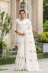 Exquisite White Color Tussar Cotton Saree