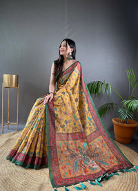 Captivating Yellow Color Malai Cotton Saree