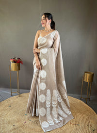 Enchanting Light Brown Color Lakhnavi Linen Saree