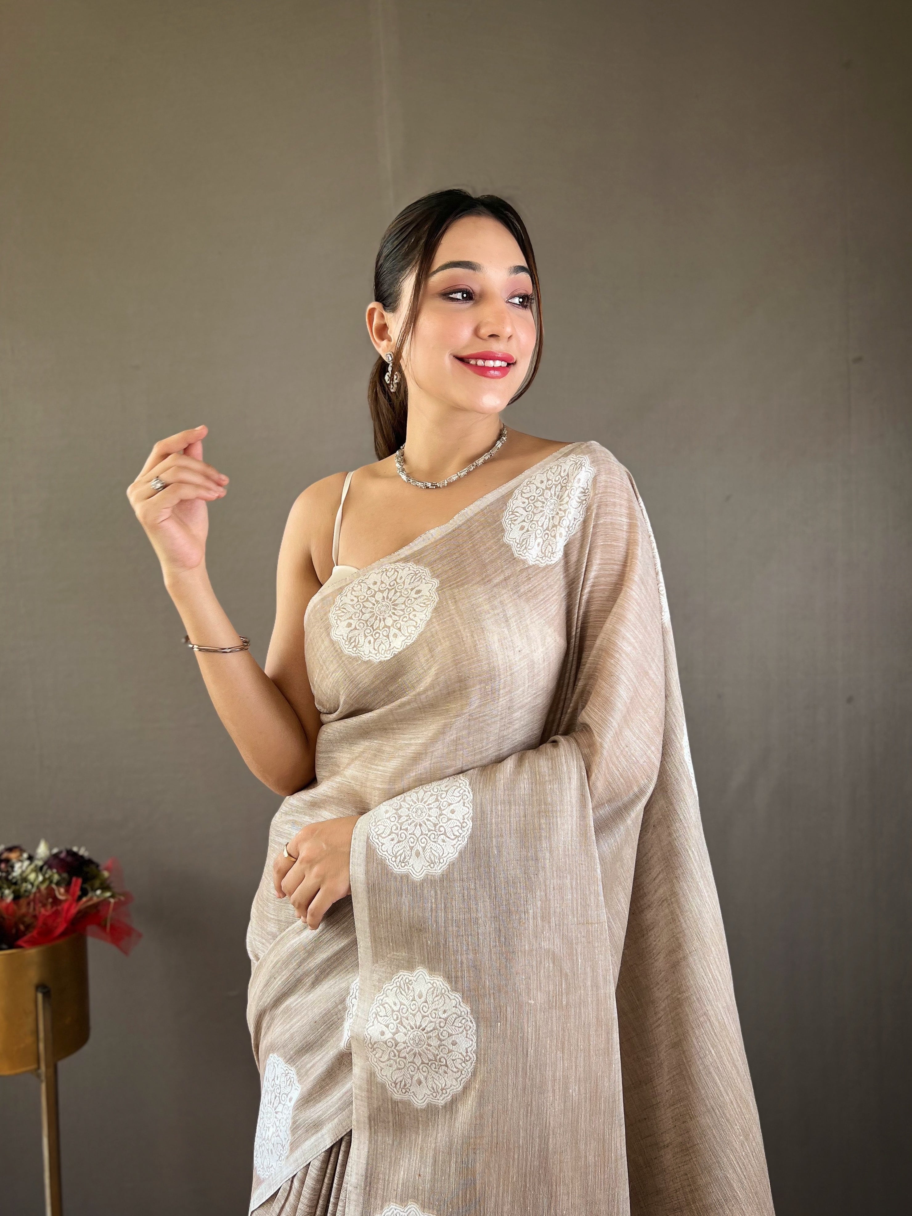 Enchanting Light Brown Color Lakhnavi Linen Saree