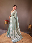 Stunning Light Green Color Lakhnavi Linen Saree