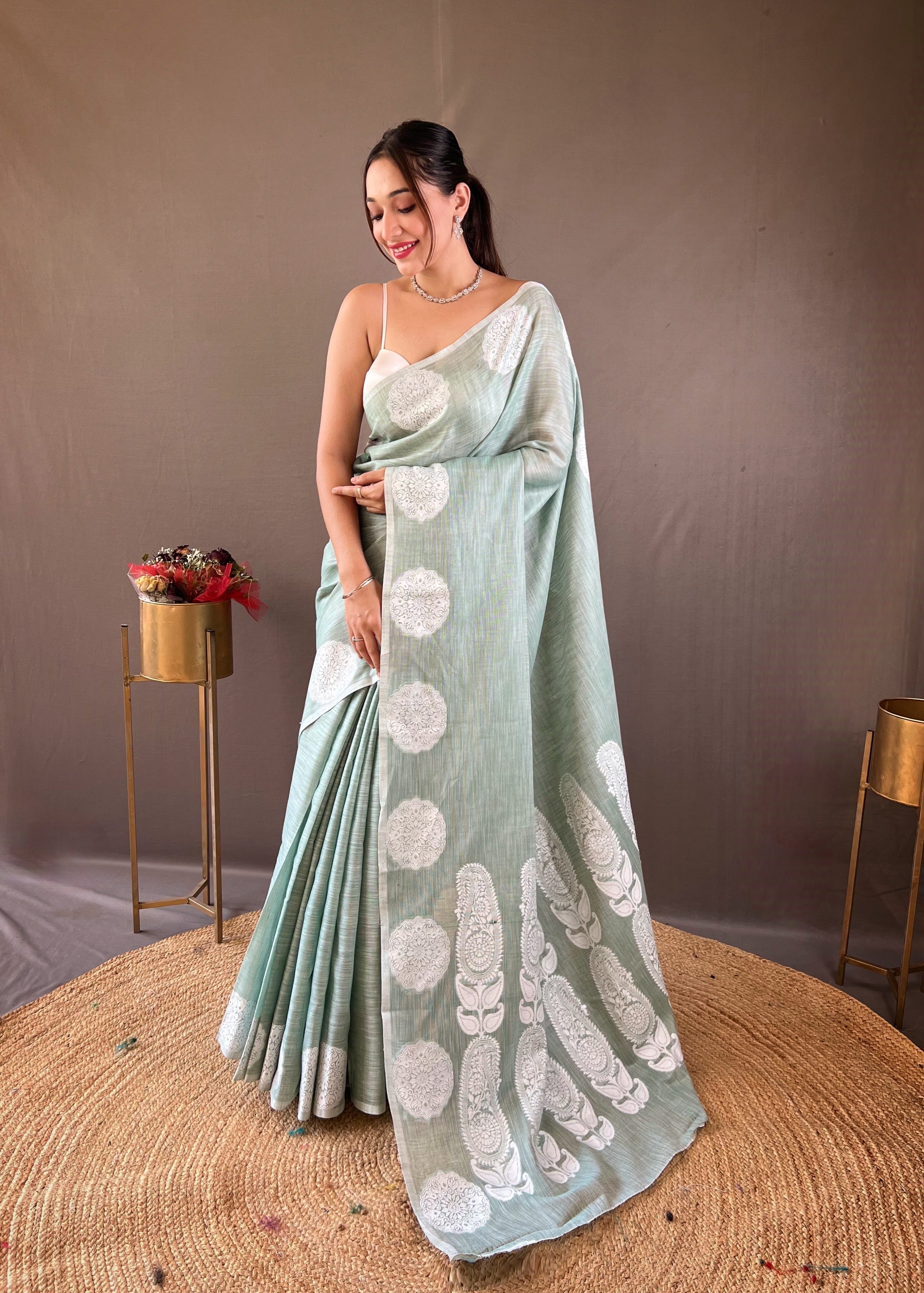 Stunning Light Green Color Lakhnavi Linen Saree