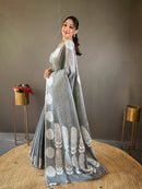 Graceful Grey Color Lakhnavi Linen Saree