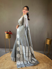 Graceful Grey Color Lakhnavi Linen Saree