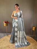 Graceful Grey Color Lakhnavi Linen Saree