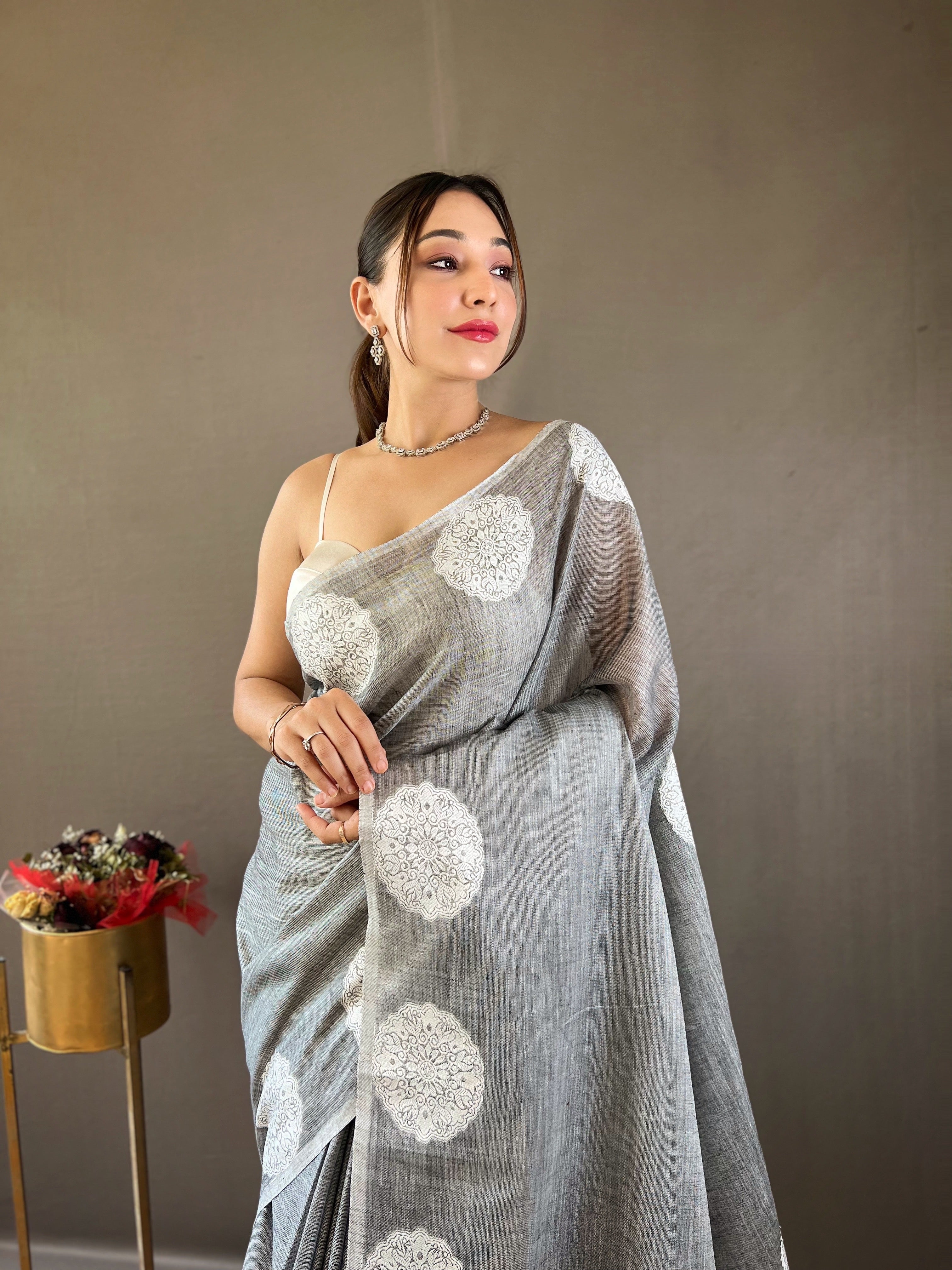 Graceful Grey Color Lakhnavi Linen Saree