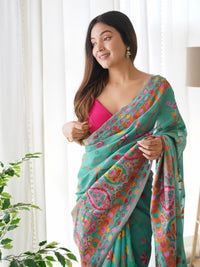 Stunning Rama Green Color Kashmiri Pashmina Saree