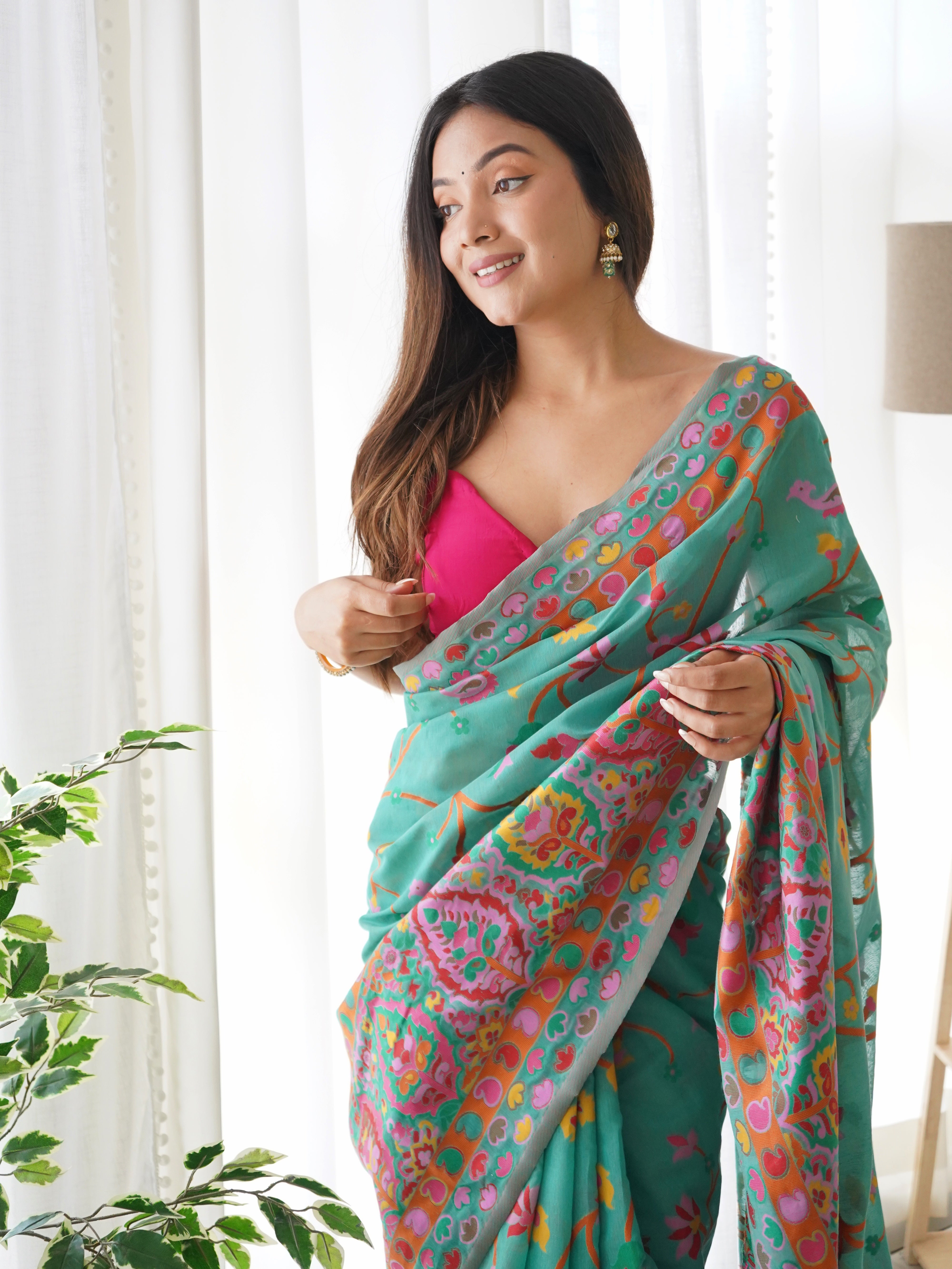 Stunning Rama Green Color Kashmiri Pashmina Saree