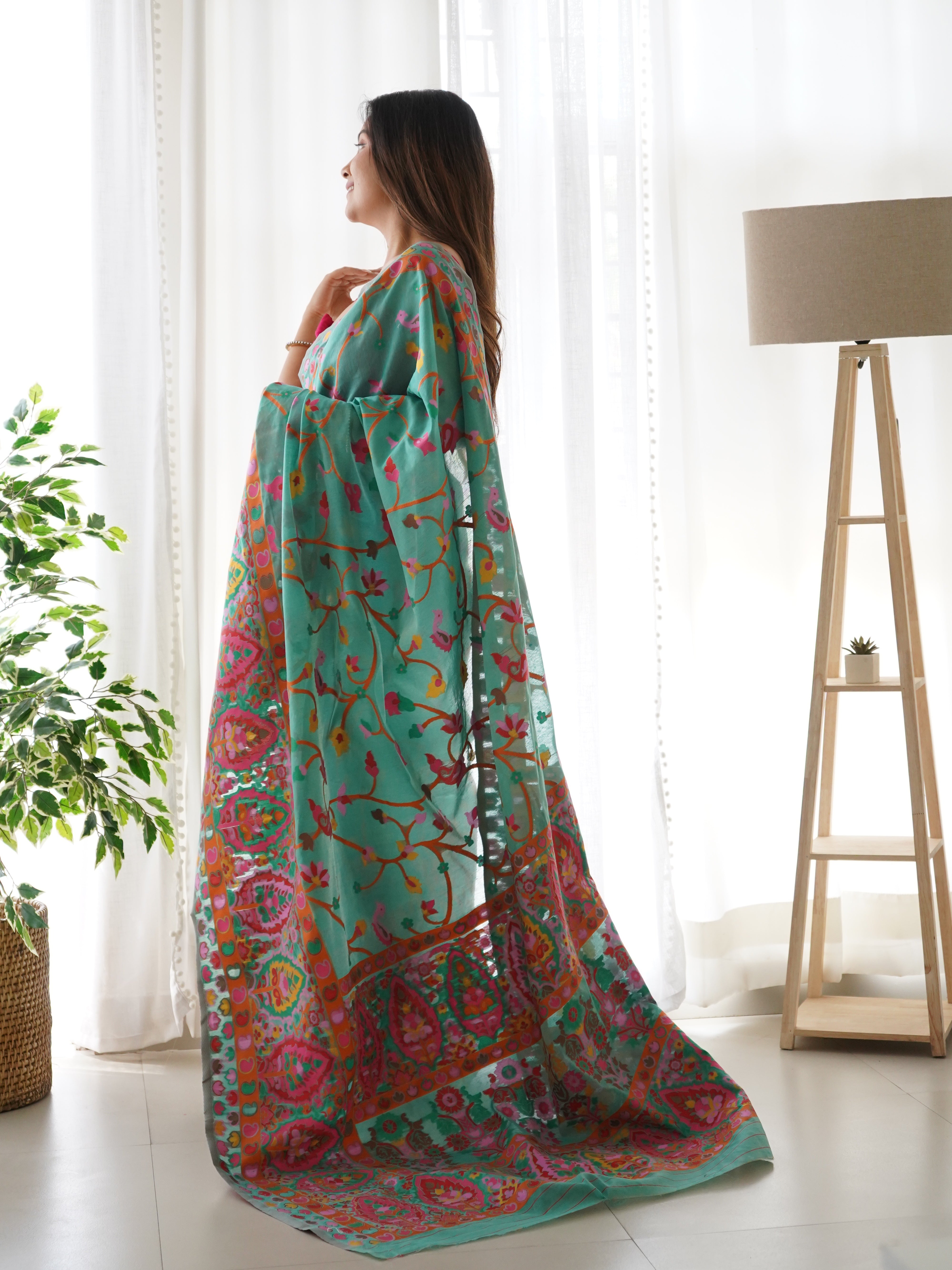 Stunning Rama Green Color Kashmiri Pashmina Saree