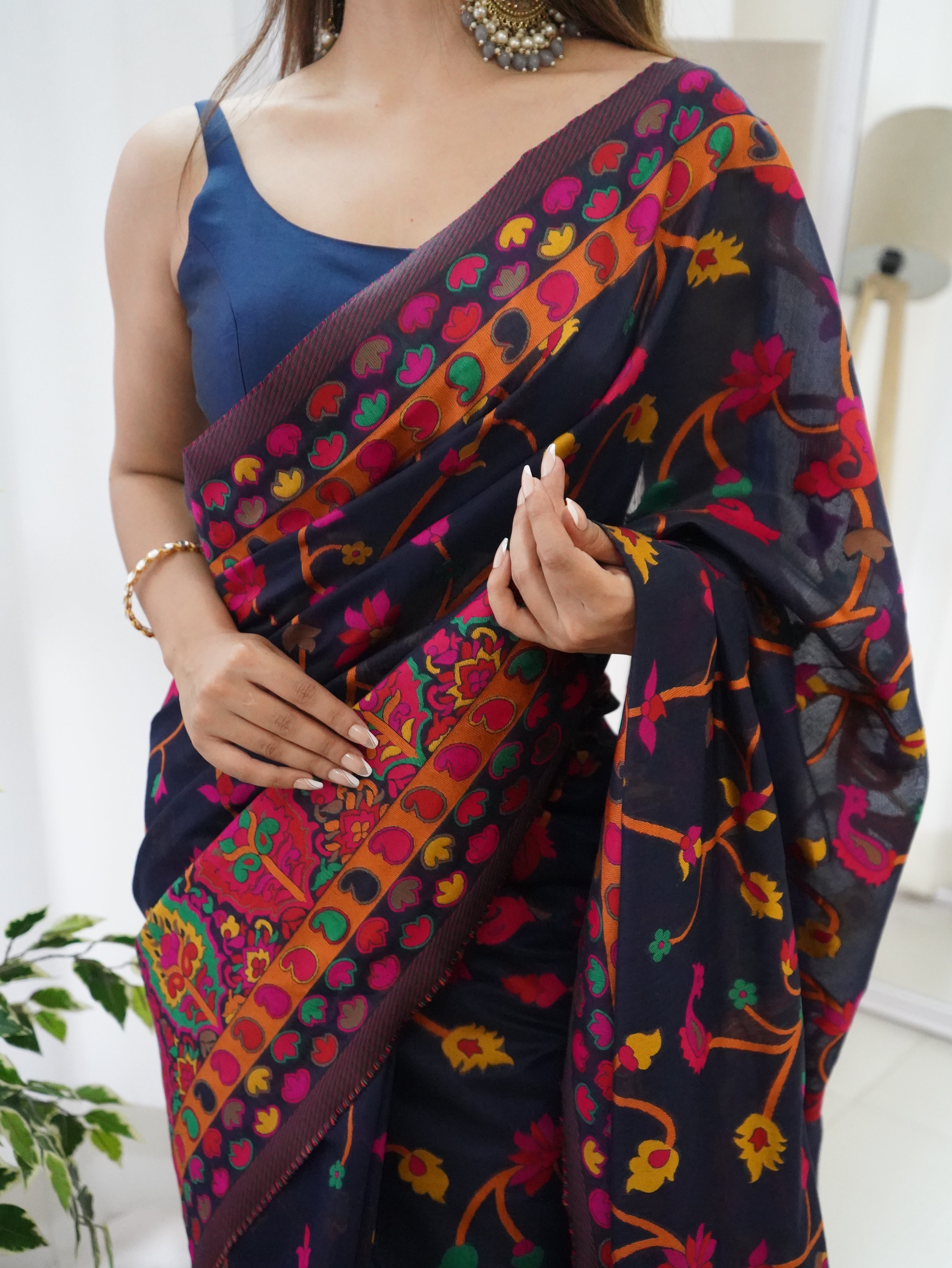 Breathtaking Navy Blue Color Kashmiri Pashmina Saree