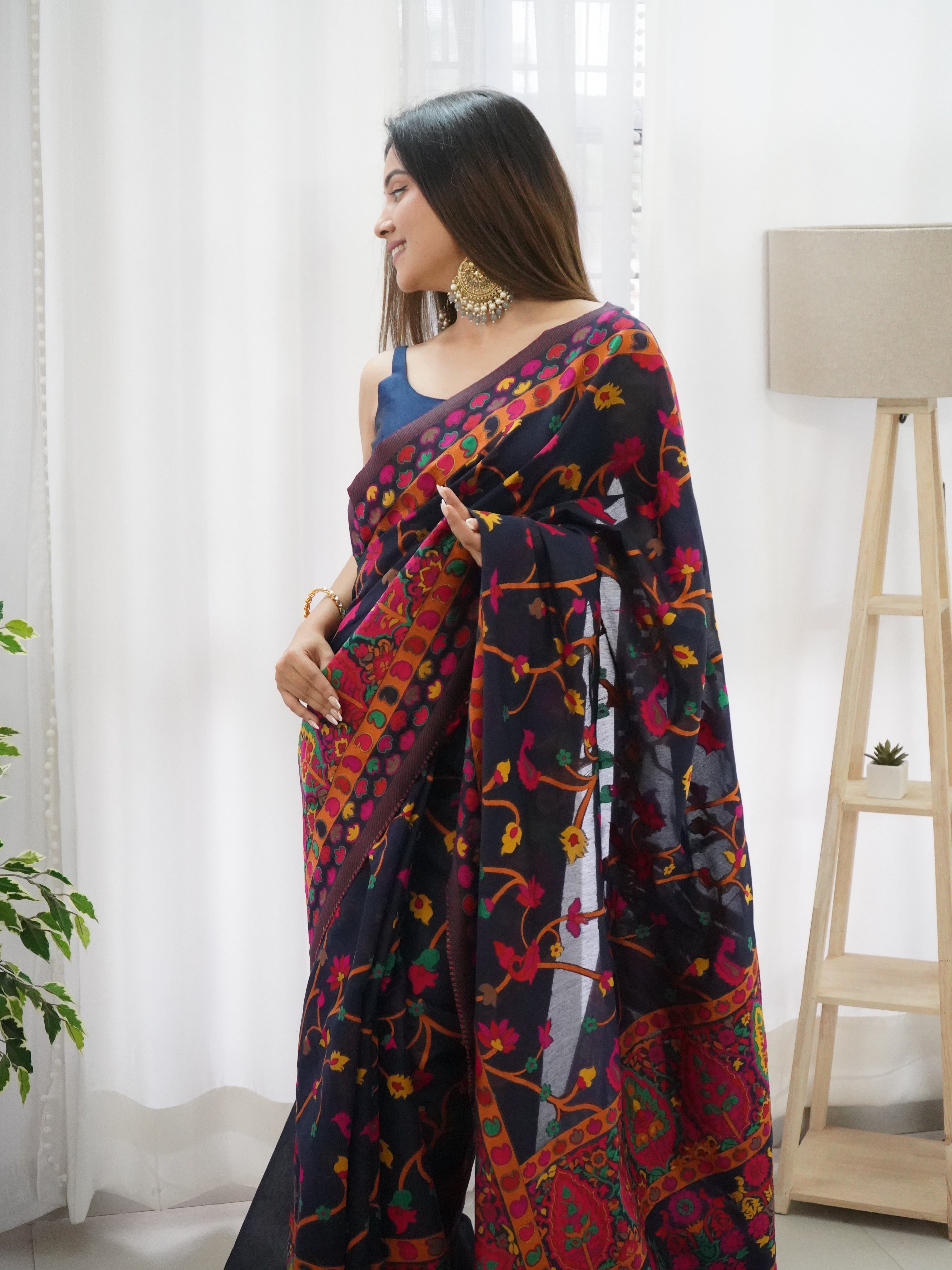 Breathtaking Navy Blue Color Kashmiri Pashmina Saree