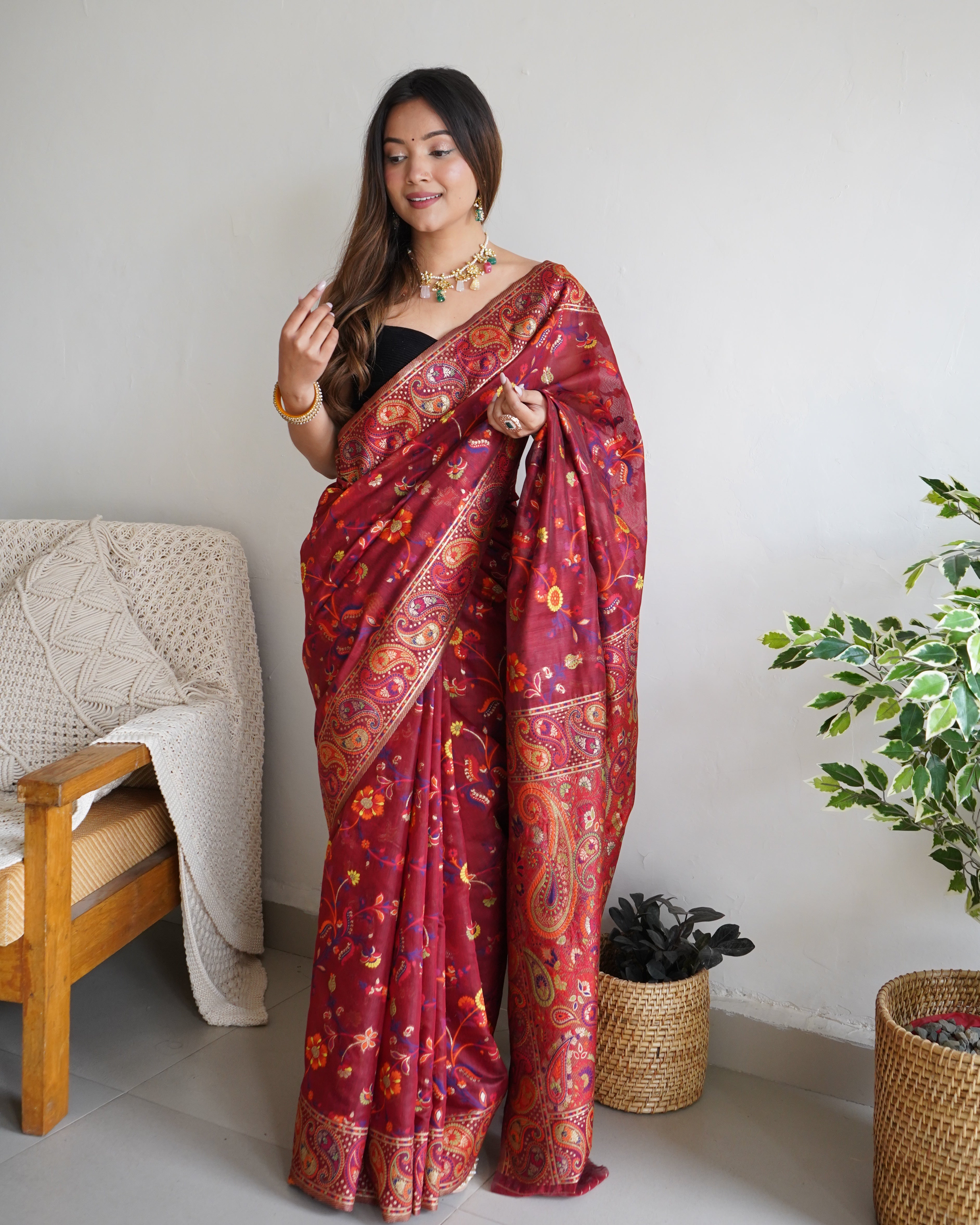 Captivating Maroon Color Kashmiri Pashmina Saree