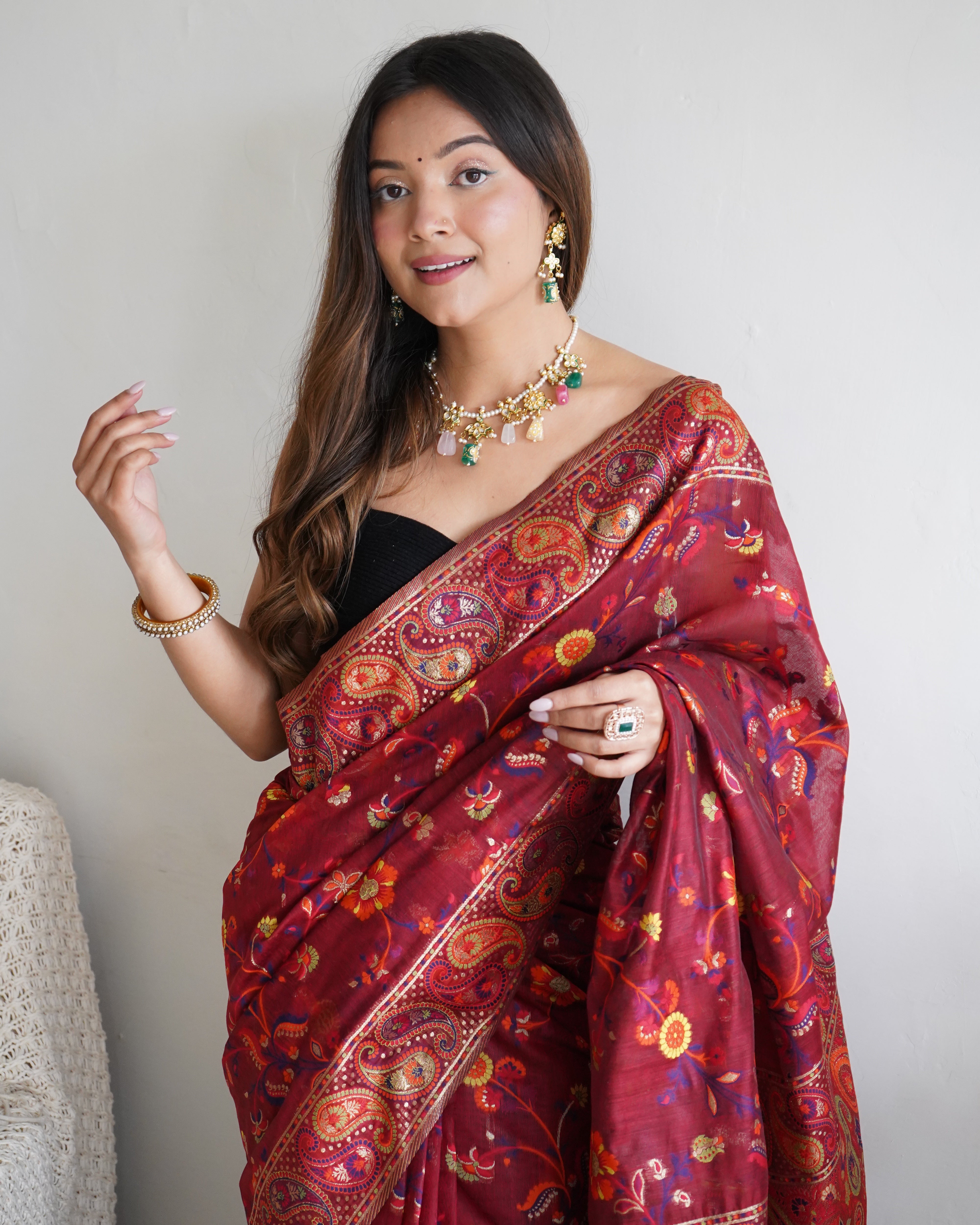 Captivating Maroon Color Kashmiri Pashmina Saree