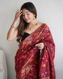 Captivating Maroon Color Kashmiri Pashmina Saree