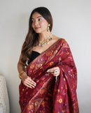 Captivating Maroon Color Kashmiri Pashmina Saree