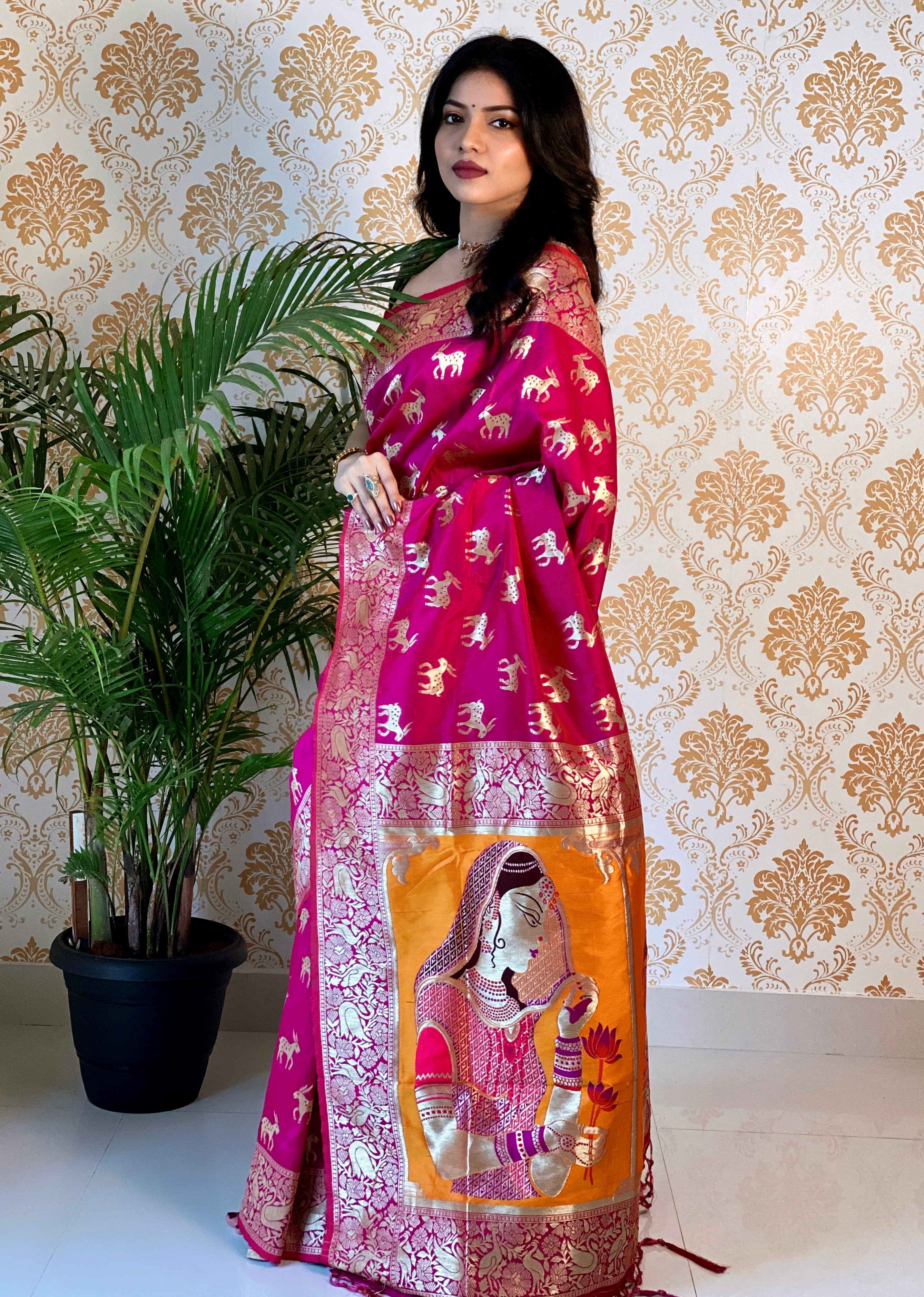 Ethereal Dark Pink Color Banarasi Silk Paithani Saree