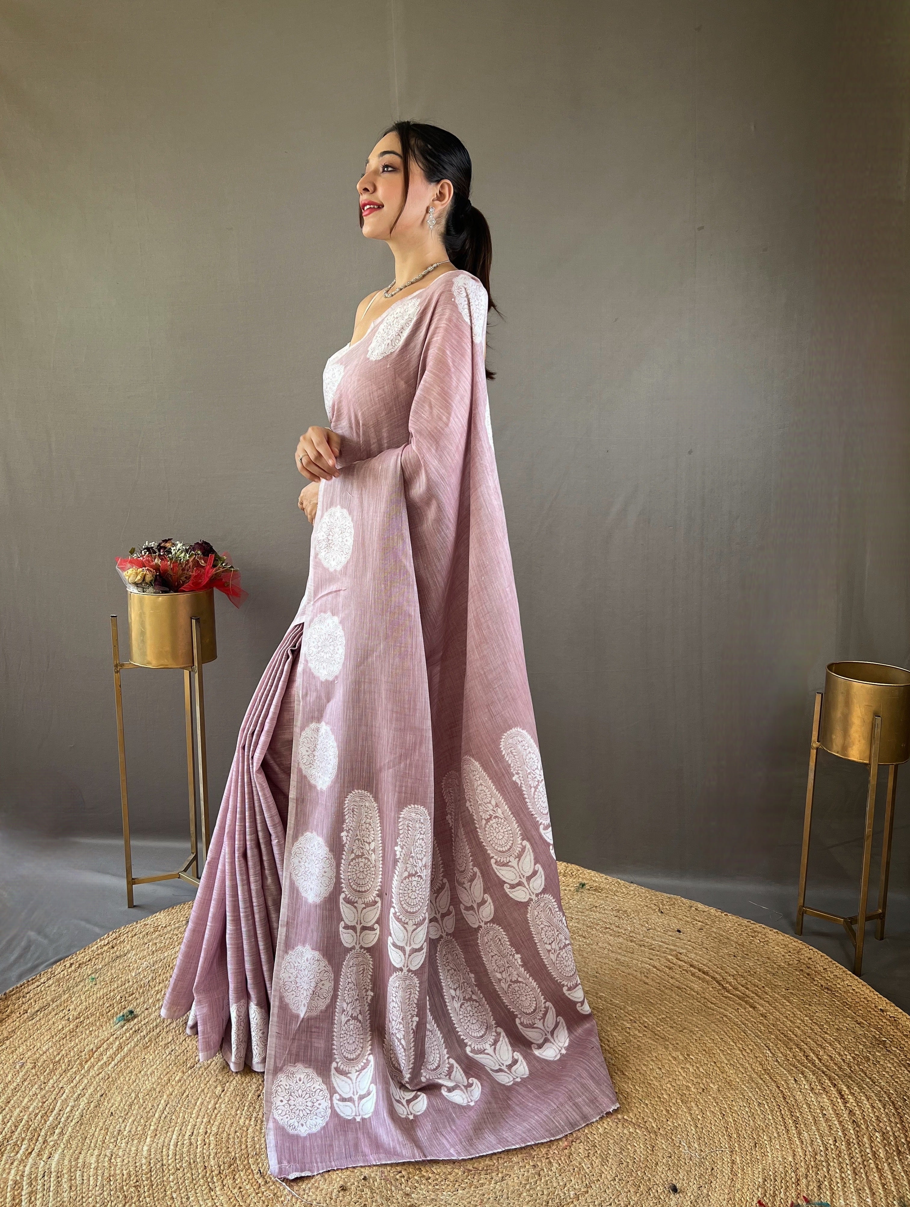 Breathtaking Lavender Color Lakhnavi Linen Saree