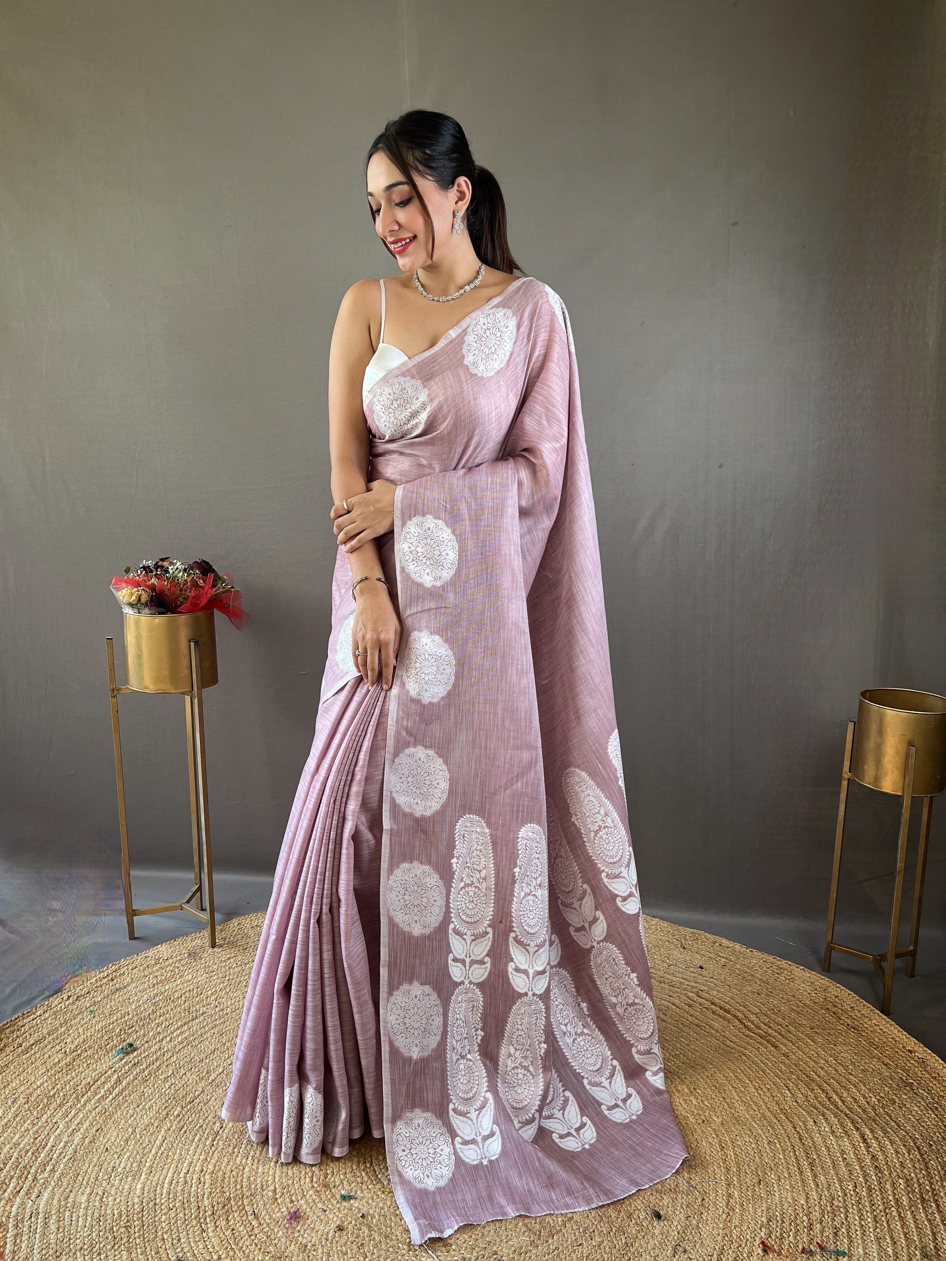 Breathtaking Lavender Color Lakhnavi Linen Saree