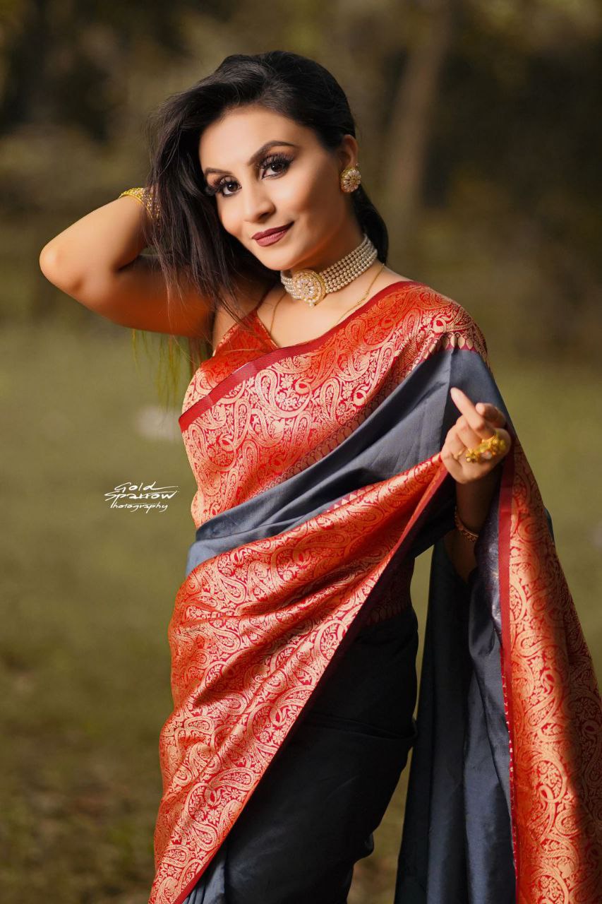 Enigmatic Grey & Red Color Art Silk Saree