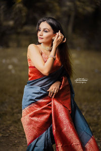 Enigmatic Grey & Red Color Art Silk Saree