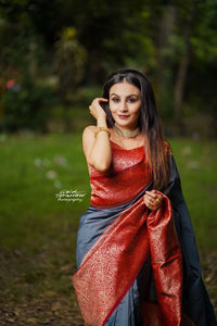 Enigmatic Grey & Red Color Art Silk Saree