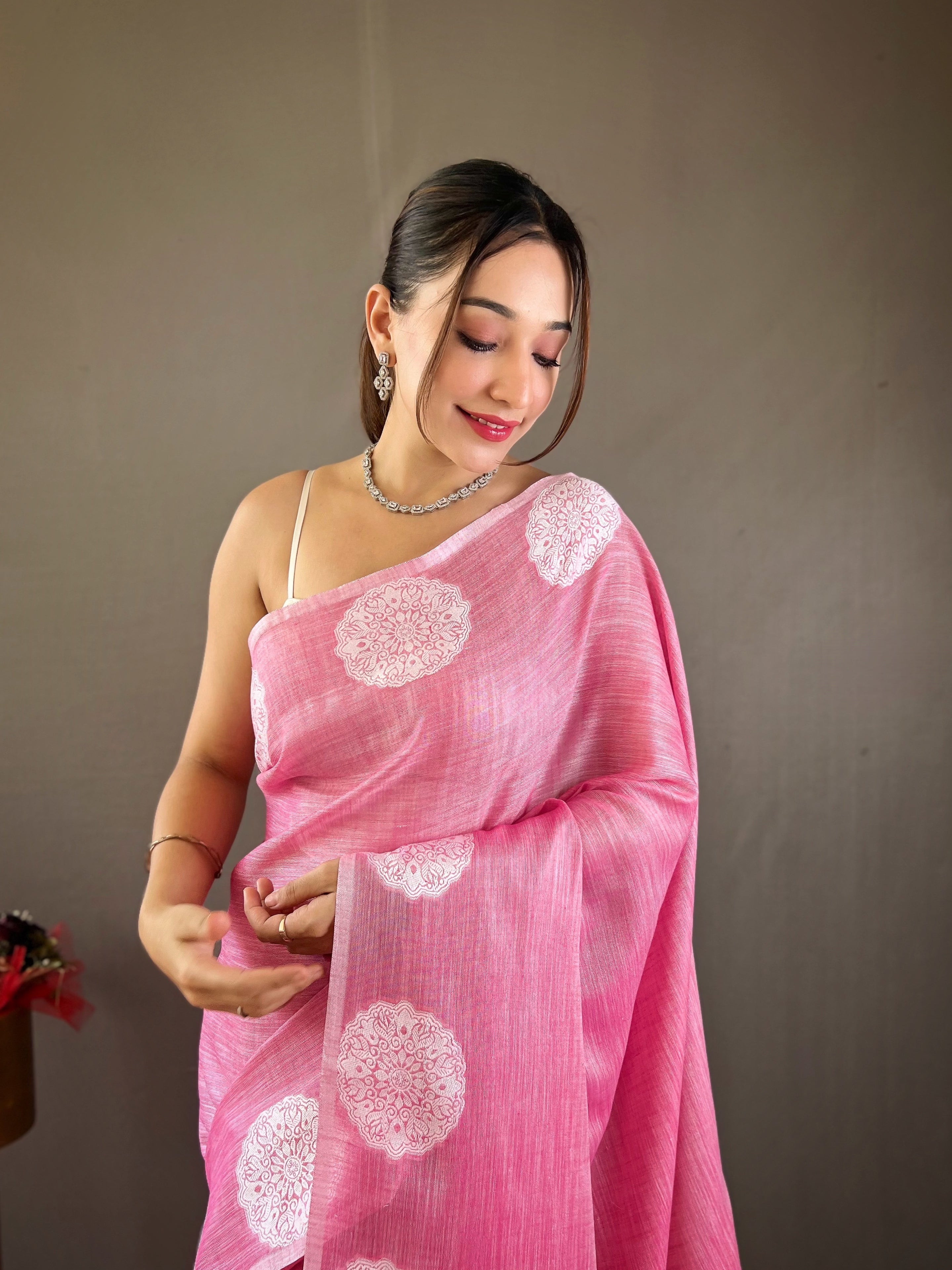 Regal Pink Color Lakhnavi Linen Saree